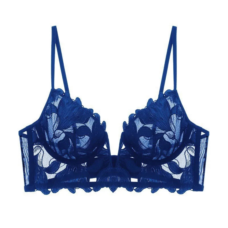 Sexy Deep V Embroidered Lace Underwear Women's Ultra-thin Large Chest Shown Small Gather-up Bra Suit Bra