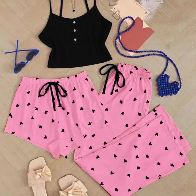 Popular Sexy Ribbed Home Wear Women's Pajamas Waist-Cinching Heart Print 3-Piece Set