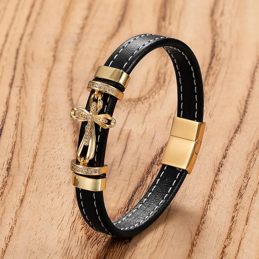 New Men's Fashion Stainless Steel Cross Shelf Accessories Bracelet Personality Woven Leather String Bracelet Ornament Wholesale