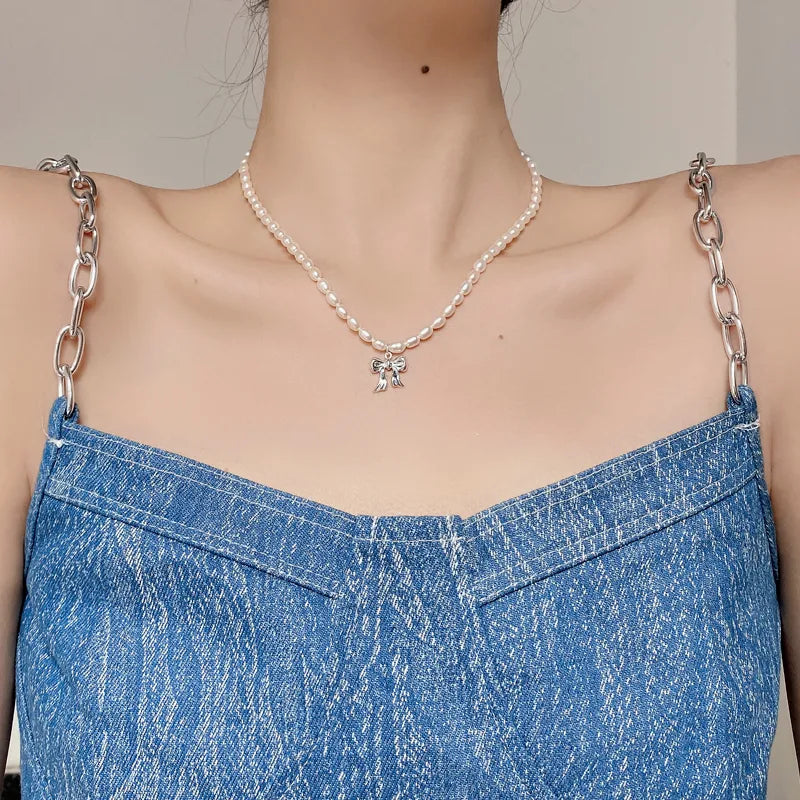 925 Sterling Silver Freshwater Pearl Beaded Chain Bow Knot Pendant Necklace