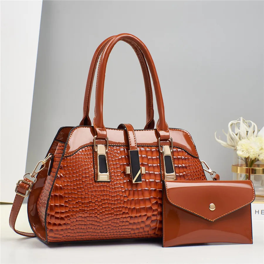 Taizhou Women's Bag Explosive Platinum Bright Leather Handbag Mother Bag Crocodile Pattern Shoulder Bag Crossbody Bag Bags