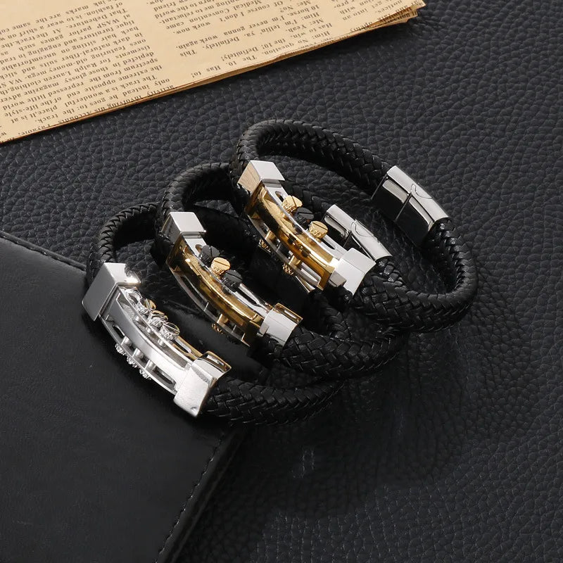 Hip-Hop Retro Color Block Pu Leather Titanium Steel Plating Men's Bangle