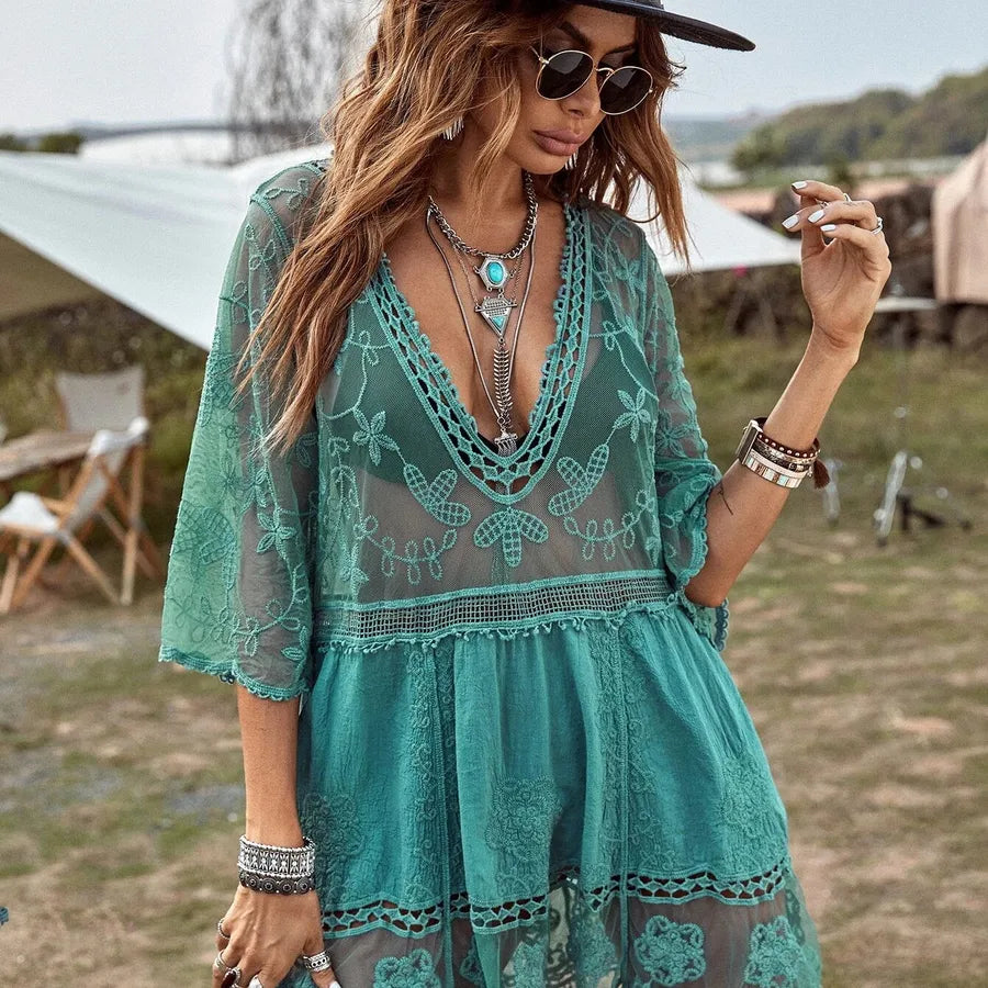 Women's Vacation V Neck Half Sleeve Solid Color Flower Holiday Beach