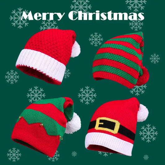 Red Christmas Festival Knitted Wool Hat Autumn and Winter Fur Ball Striped Parent-Child Warm Christmas Gift Knitted Hat