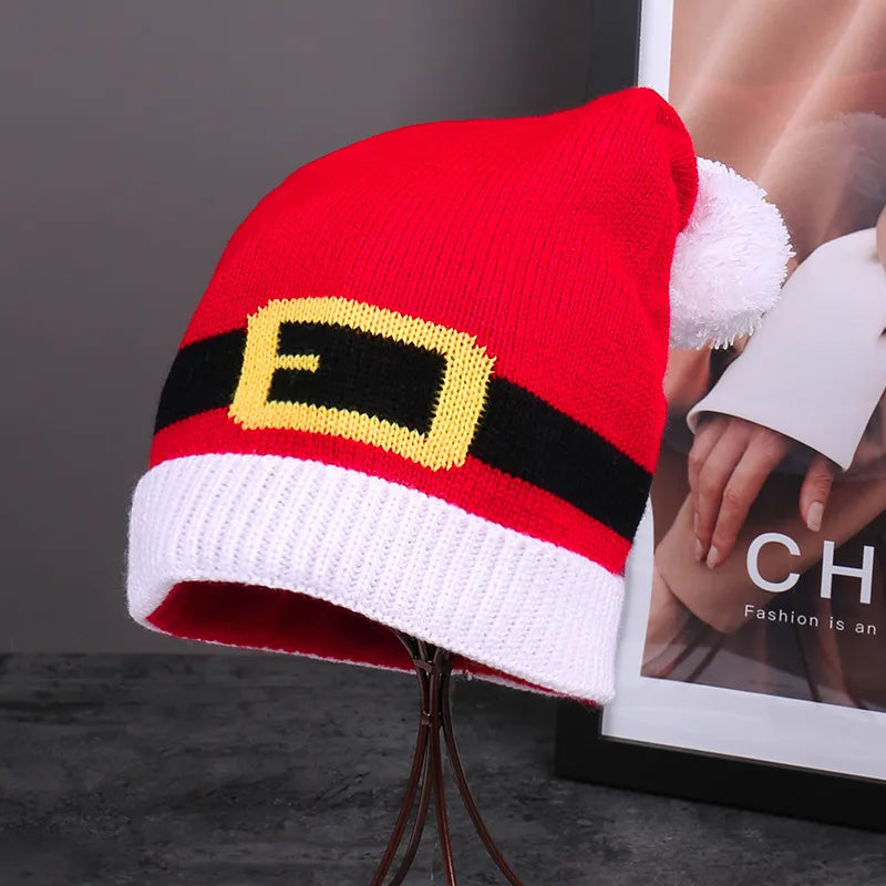Red Christmas Festival Knitted Wool Hat Autumn and Winter Fur Ball Striped Parent-Child Warm Christmas Gift Knitted Hat