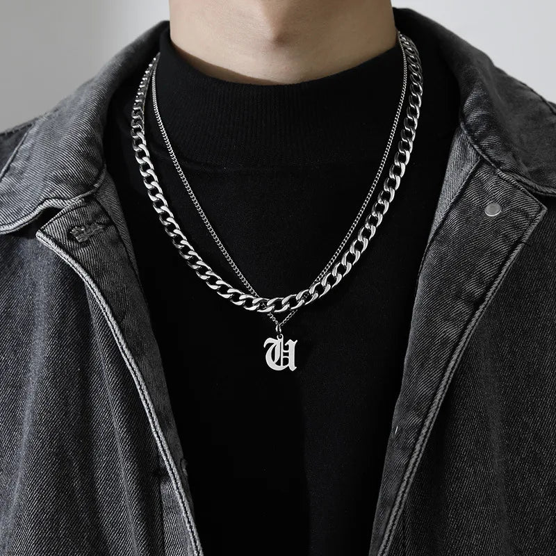 simple style letter titanium steel gold plated layered necklaces in bulk