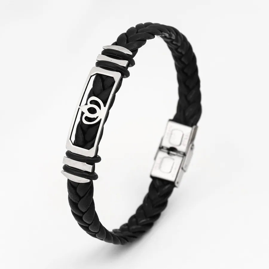 Retro Punk Solid Color 304 Stainless Steel Pu Leather Plating Men's Bangle Men Cord & Leather Bracelets