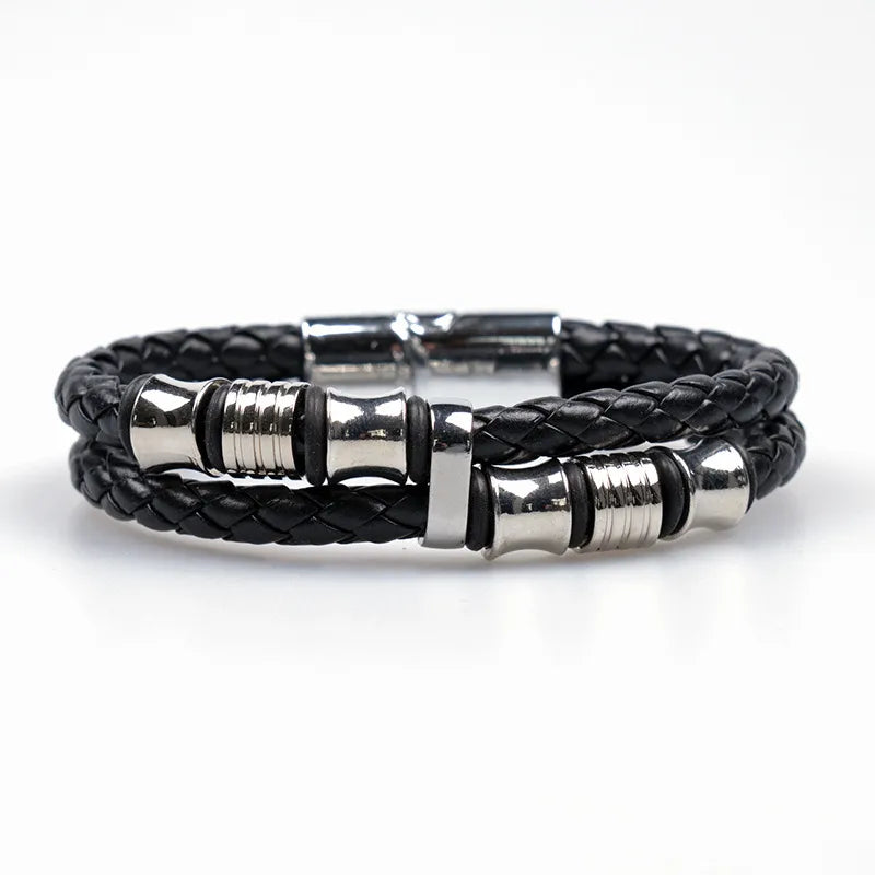 Casual Retro Simple Style Geometric Pu Leather Rubber Metal Layered Men's wristband