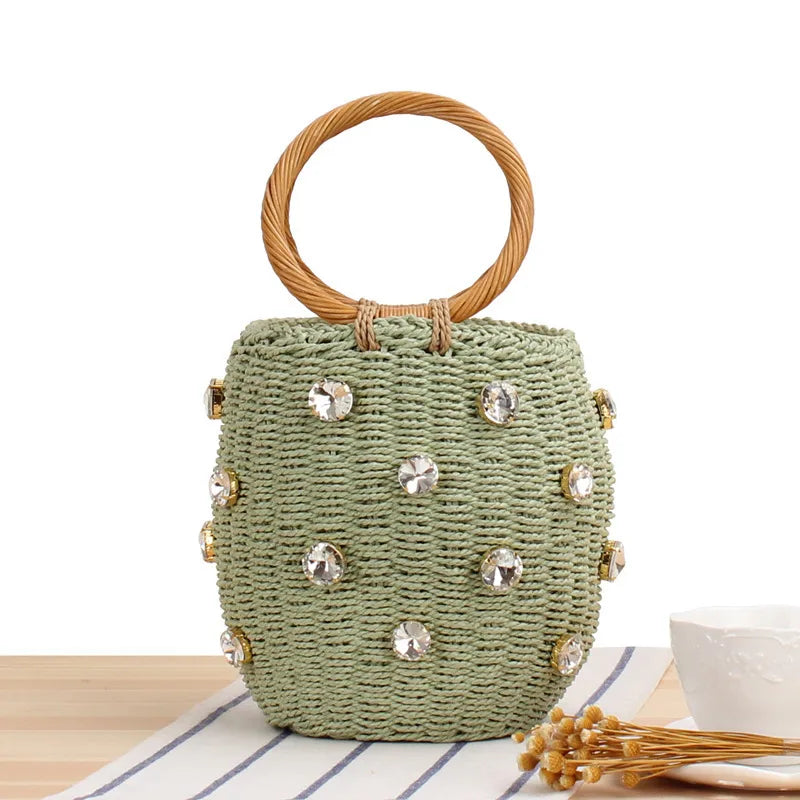 women's small spring&summer straw solid color vacation bucket string straw bag