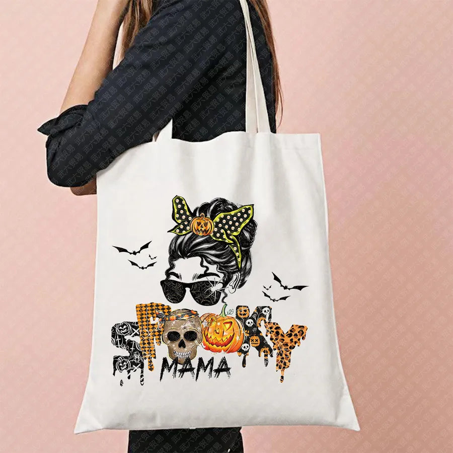 Halloween Movie Pattern Canvas Tote Bag Reusable Shopping Shoulder Bag Travel Large Square Printed Handbag Retro Style Women