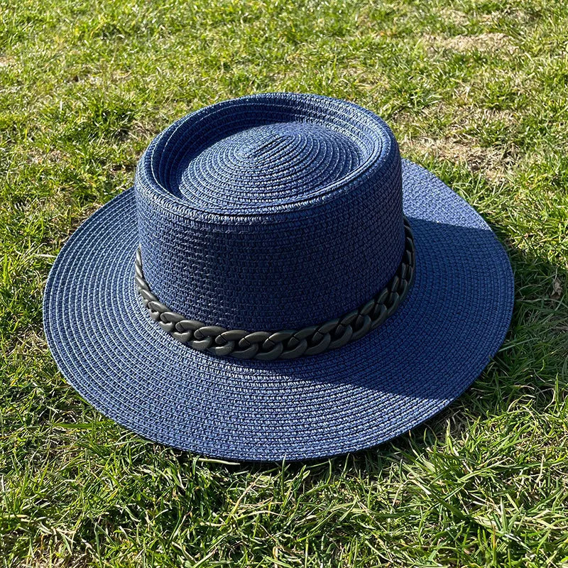 women's simple style solid color chain flat eaves sun hat