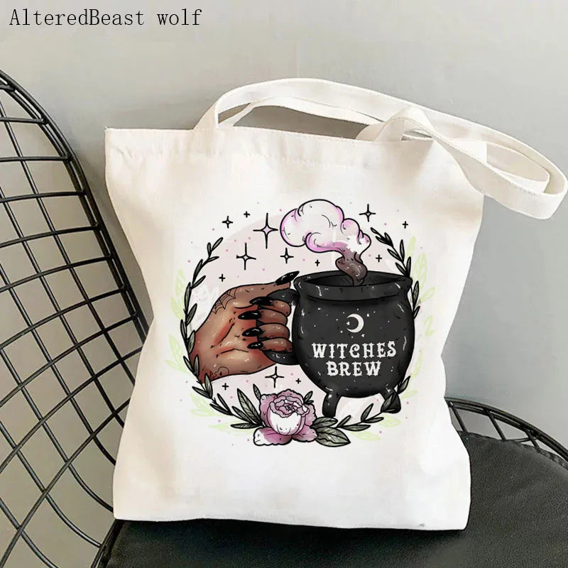 Magic Witch Pastel Gothic Handbag Printed Canvas Tote Single Shoulder Shopping Bag Ladies Fashion Handbag