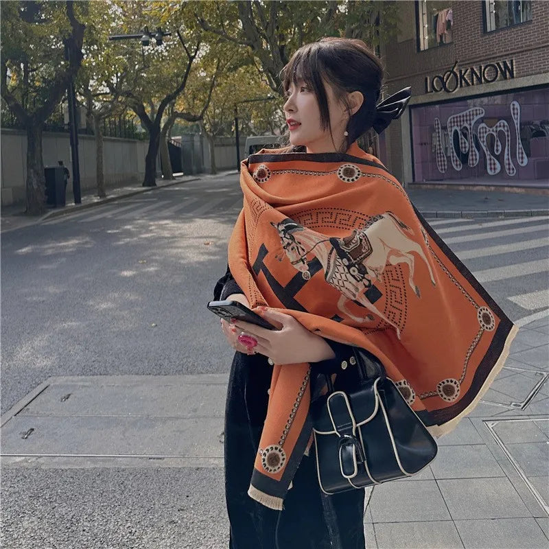 women's retro color block imitation cashmere printing scarf