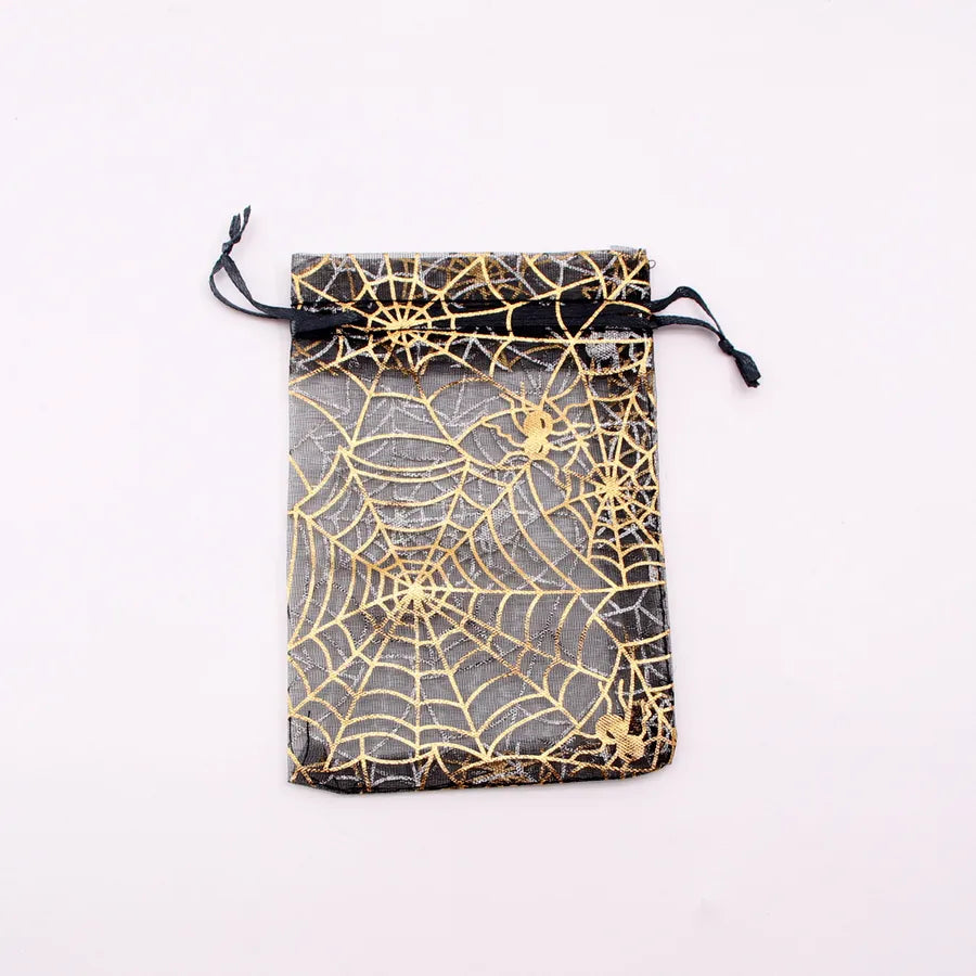 Halloween Candy Storage Bag Drawstring Golden Embossed Spider Web Jewelry Bag Gift For Halloween Cloth Material