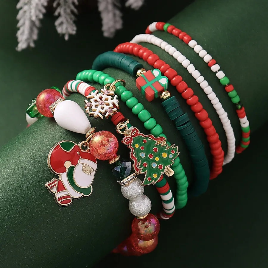 Christmas Theme Soft Clay Beaded Elastic Bracelet Set Pendant Hand Chain Multicolor Retro Animal Style Resin Craft For Women
