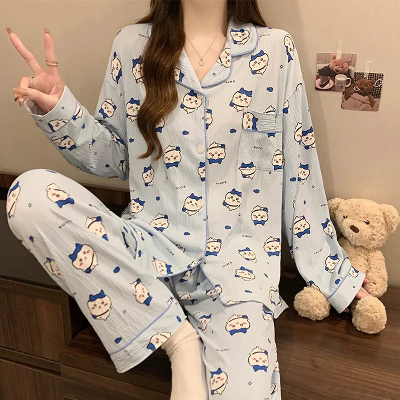 Spring Edition Pleated Fabric Sleepwear Long Sleeve Home Clothes Set For Women Sweet Cute Style Casual Breathable Polyester Milk Silk