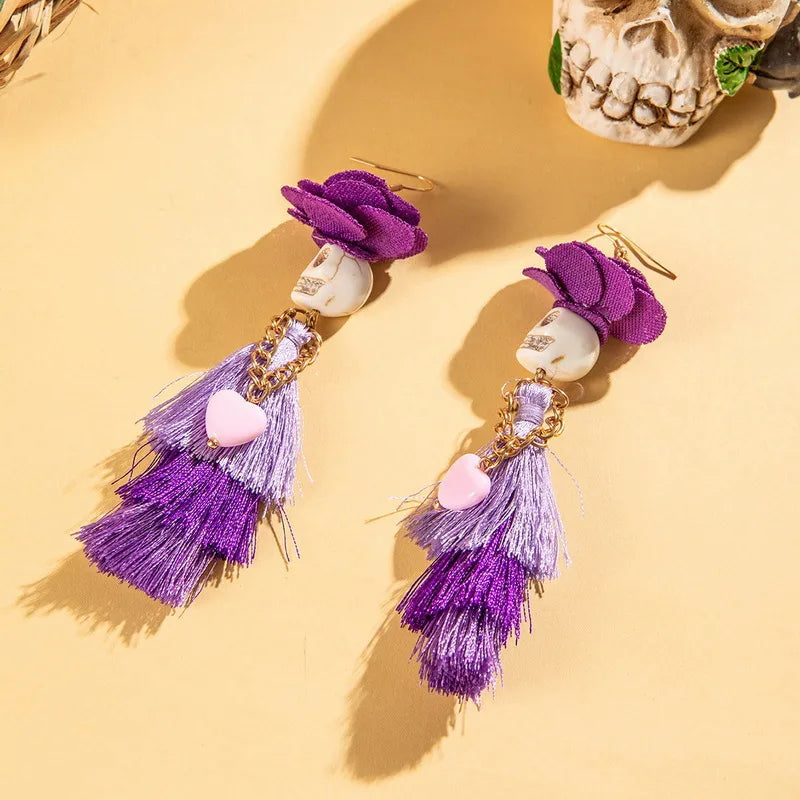 Creative Halloween Skull Tassel Earrings  Style Funny Geometric Pattern Handmade Alloy Women's Jewelry