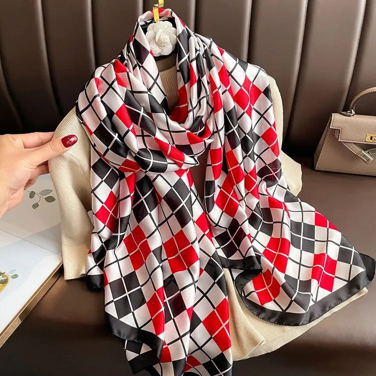 women's fashion letter plaid satin printing silk scarves