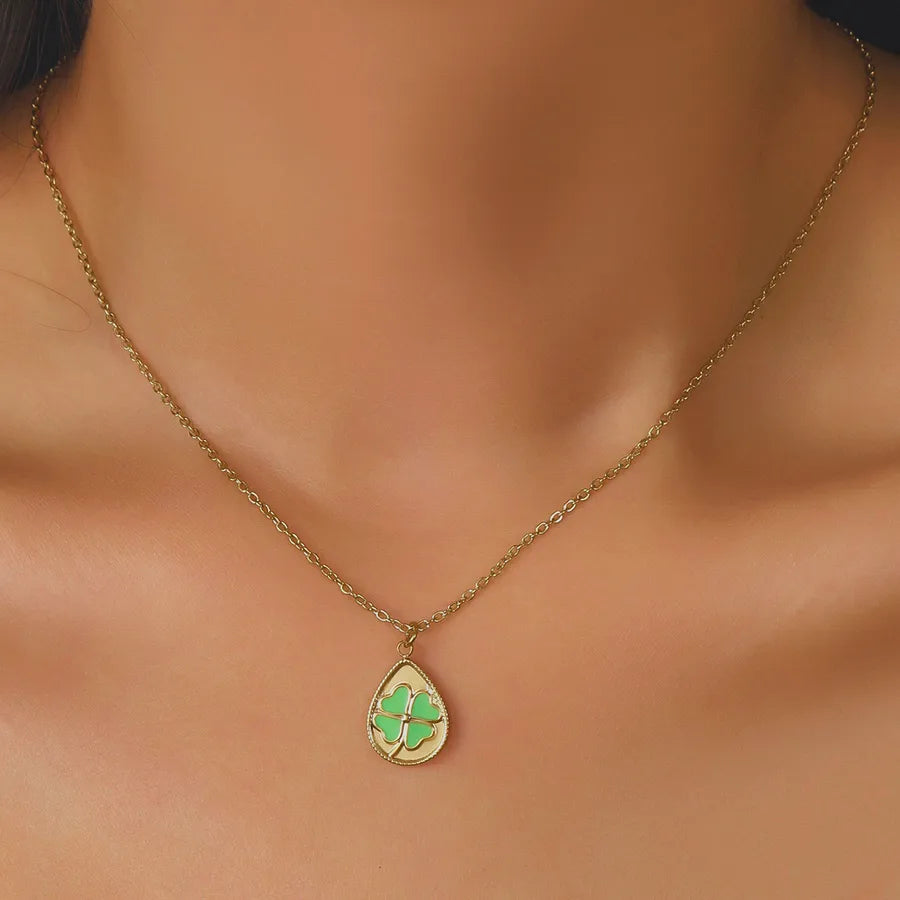 14K Gold Plated Titanium Steel Four Leaf Clover Lucky Pendant Necklace Women's Fashion Stainless Steel Jewelry Waterdrop Shape