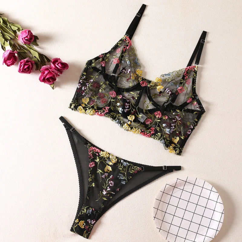 women's sexy flower sexy lingerie sets party embroidery underwire bra low waist thong sexy lingerie