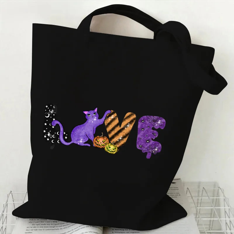 Halloween Cartoon Pumpkin Decorative Canvas Bag Student Handbag Shopping Commuter Bag Large Square Fashion Tote Bag