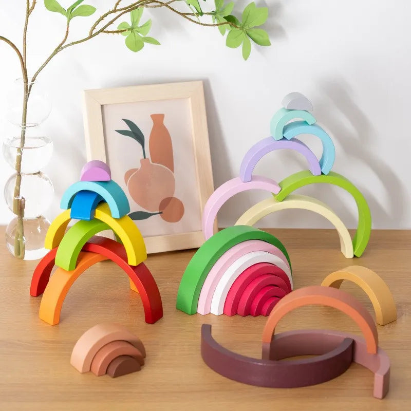 Wooden Rainbow Arch Bridge Semi-Circular Building Blocks Rainbow Display Piece Curved Board Colorful Shape Rainbow Man Stacking Toy