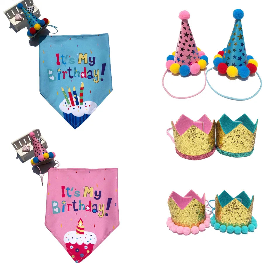 Cute Polyester Birthday Cartoon Printing pet saliva towel Pet Hat