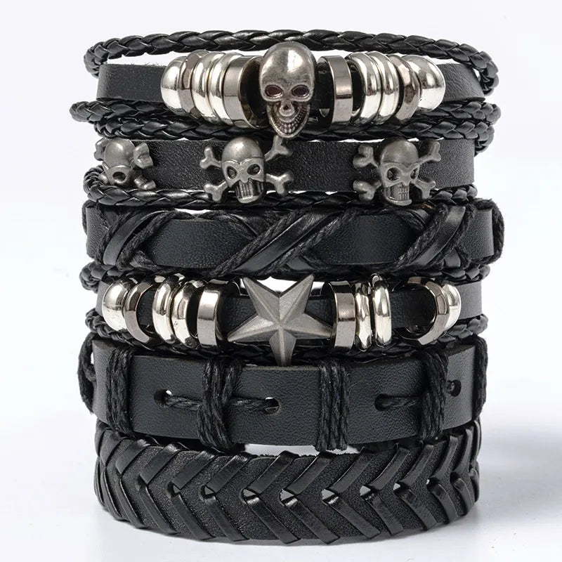 Punk Color Block Pu Leather Braid Men's Bangle