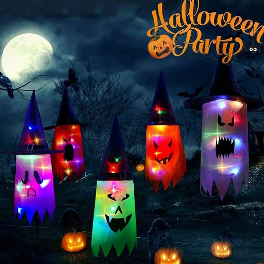 Halloween Decorative Glowing Expression Ghost Hat Props Multi-Color Witch Hat Scene Arrangement Fairy Tale Theme Party Accessory