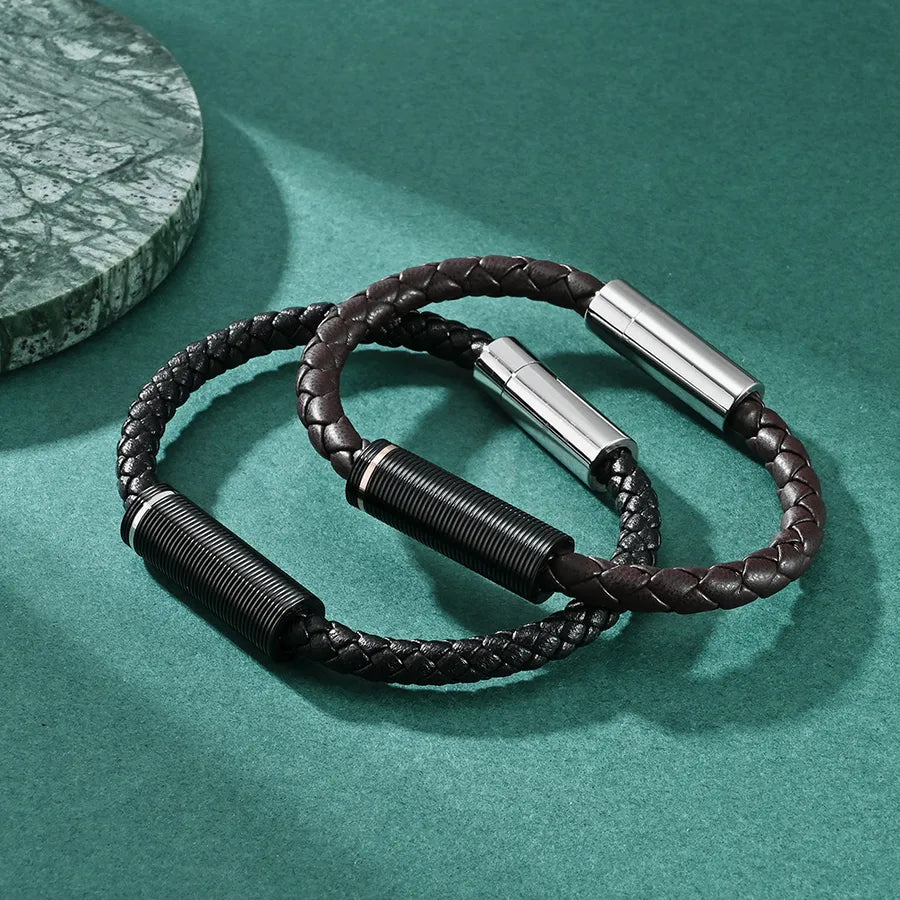 Ethnic Style Solid Color 304 Stainless Steel Pu Leather Plating Men's Bangle Men Cord & Leather Bracelets