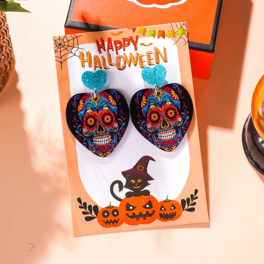 Creative Acrylic Skeleton Head Earrings Set For Women Halloween Theme Personalized Fashion Jewelry Love Shape Card Included