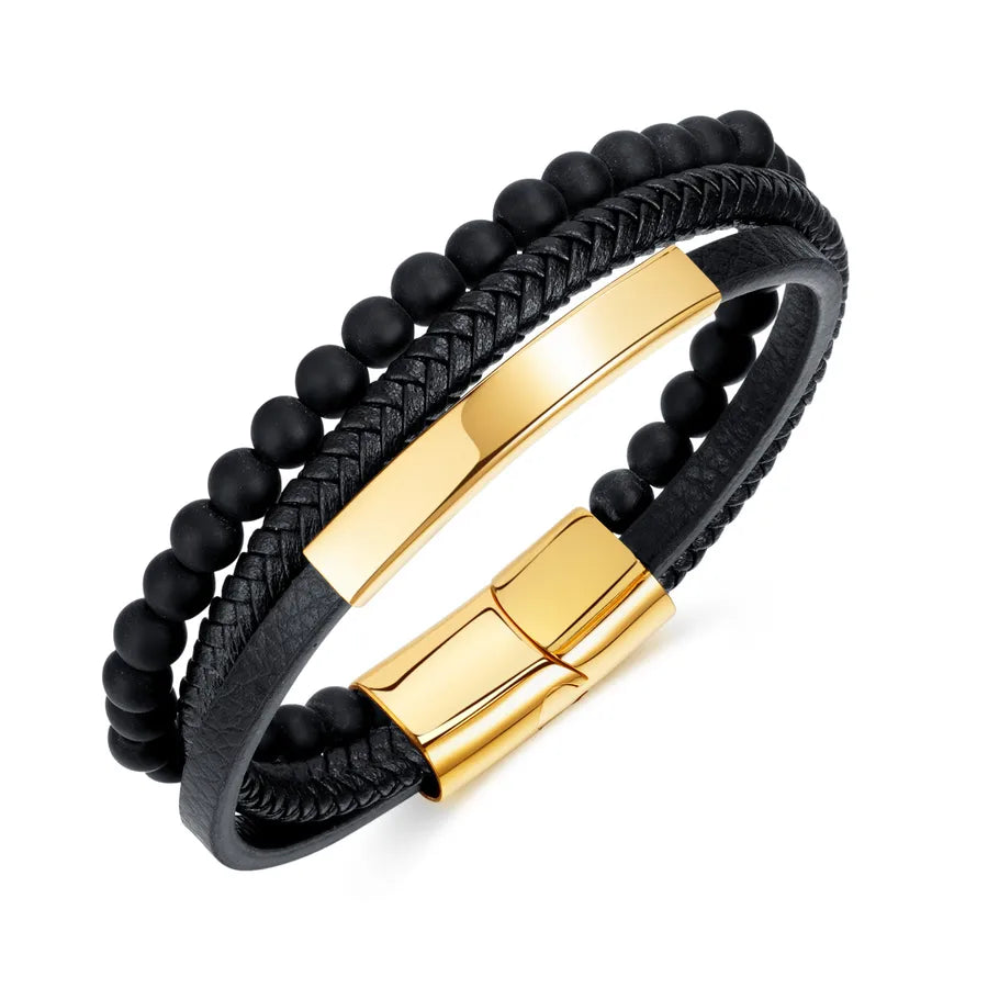 Simple Style Geometric 304 Stainless Steel Pu Leather Irregular Plating Men's Bracelets