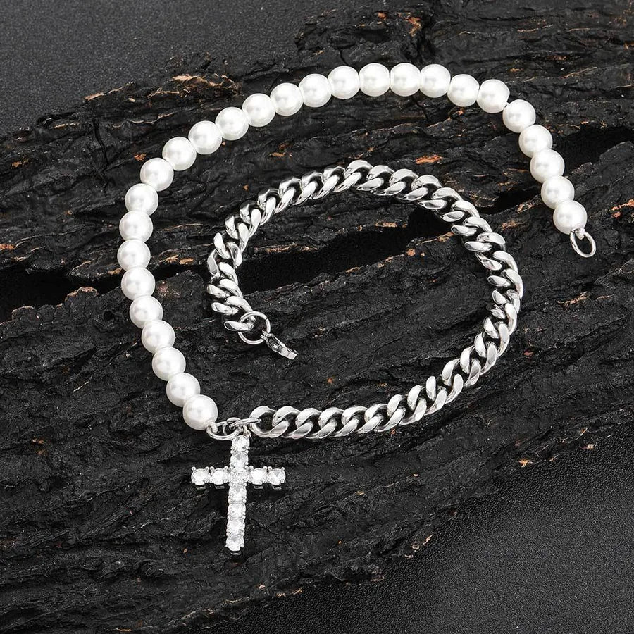hip-hop cross stainless steel imitation pearl copper inlay zircon men's pendant necklace