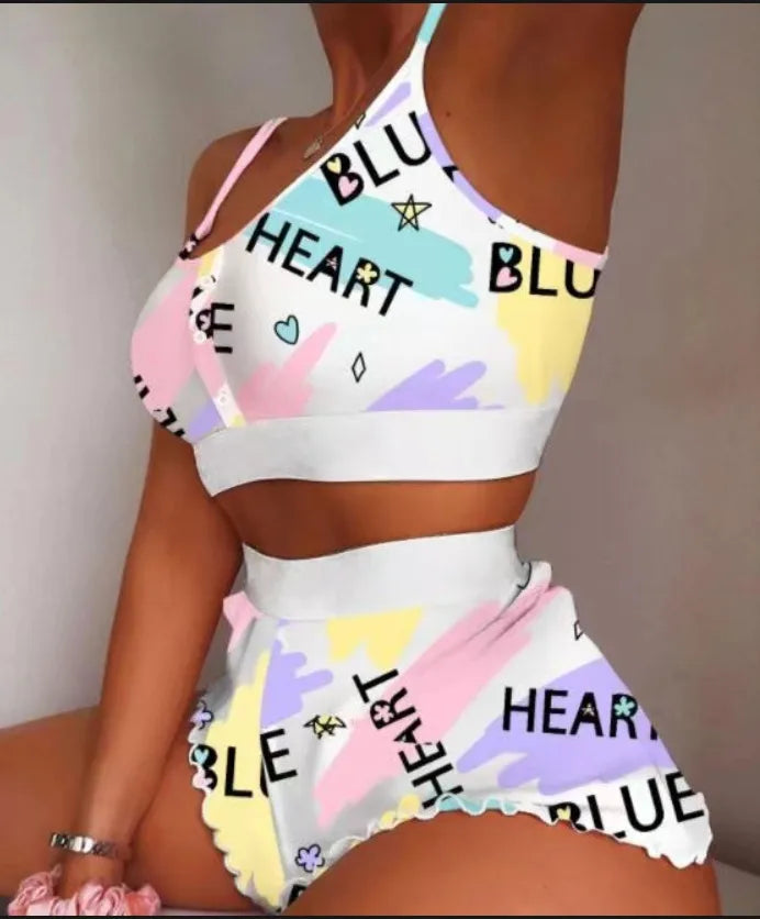 women's sweet heart shape polyester milk fiber printing shorts sets