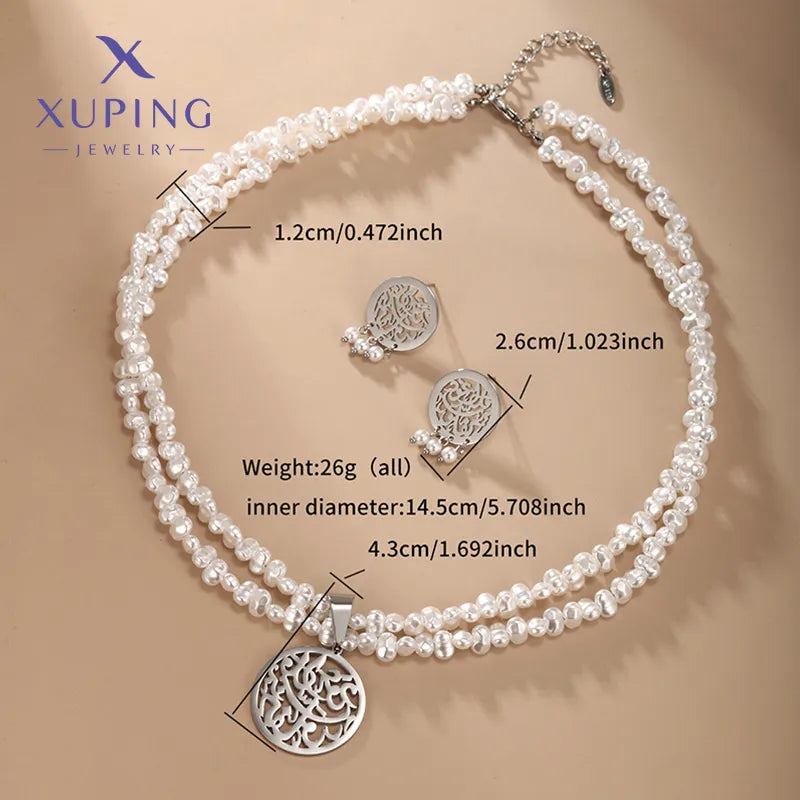 Nordic Style XUPING African Style Stripe Pearl 304 Stainless Steel Artificial Pearl Beaded Plating Hollow Out 18K Gold Plated Raw Steel Women's Earrings Necklace Jewelry Set