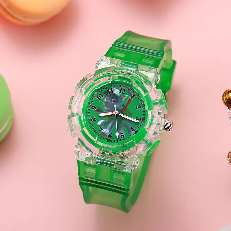 in stock Supply Children's Kindergarten Luminous Watch Wang Wang Team Colorful Flash Boys Quartz Wristwatch