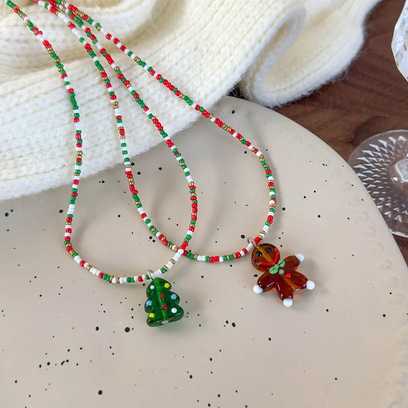 Sweet Christmas Atmosphere Necklace Cute Cartoon Colorful Beads Christmas Tree Gingerbread Man Beads Clavicle Chain Resin Material