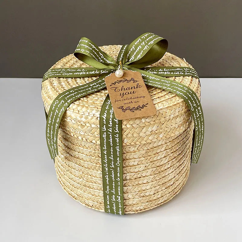 Round Straw Box with Lid Hug Bucket Rattan Hand Gift Box Baking Wedding  Storage Handmade Woven Box