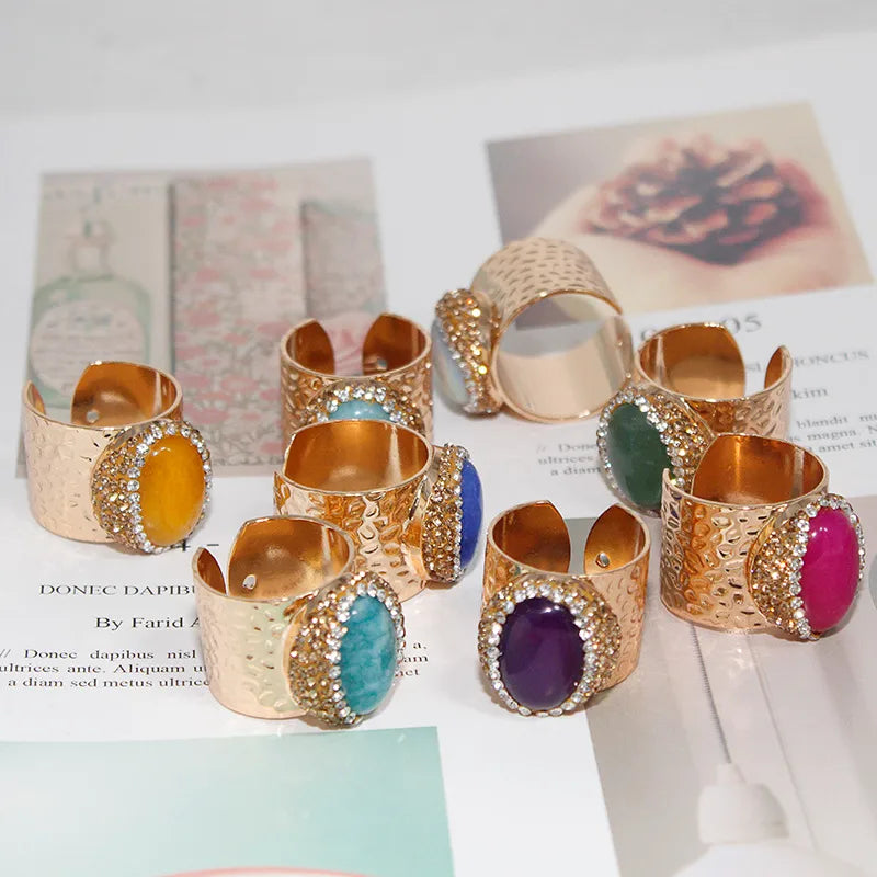 hip-hop retro oval natural stone crystal open ring