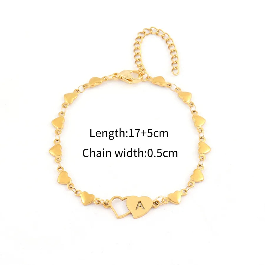 Simple Style Classic Style Double Heart Letter 201 Stainless Steel 304 Stainless Steel Heart-Shaped Chain Bracelets In Bulk