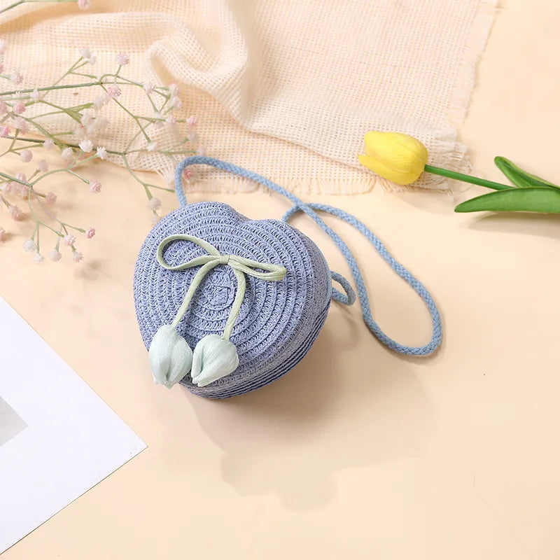Summer Beach Seaside Tulip Straw Woven Bag  New Children Flower Straw Bag Mobile Phone Crossbody Bag