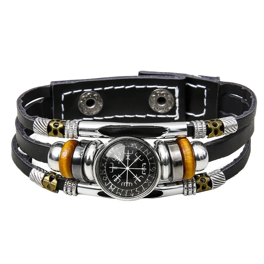 Hot Sale Viking Pirate Compass Pattern Leather Bracelet   Retro Multi-Layer Beaded Bracelet