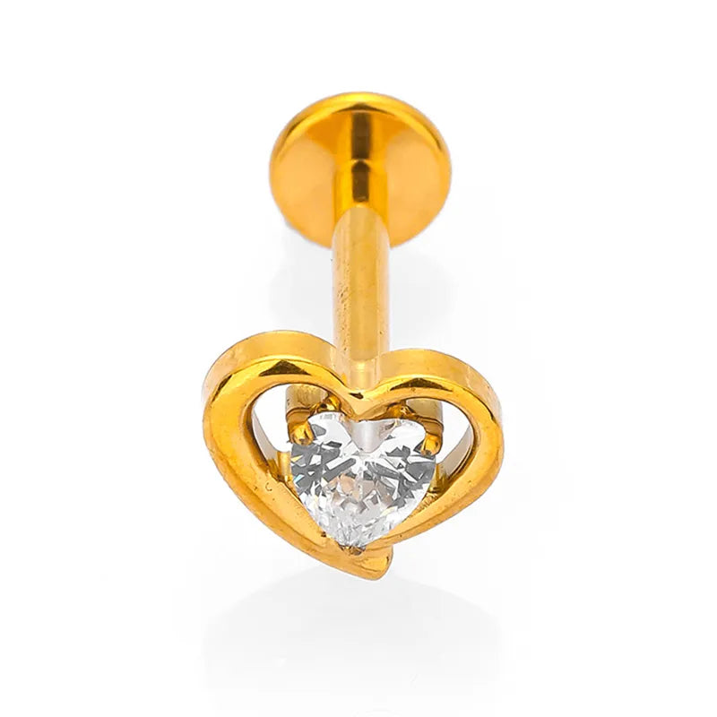 1 Piece Lip Rings Simple Style Heart Shape Titanium Alloy Polishing Plating Hollow Out Zircon 14K Gold Plated Lip Rings Ear Cartilage Rings & Studs Nose Rings & Studs