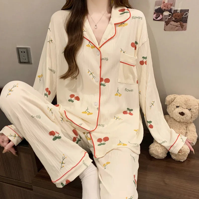 Sweet Girl Heart Print Open Cardigan Sleepwear Long Sleeve Crepe Home Clothes Set Spring New Style Casual Breathable Polyester
