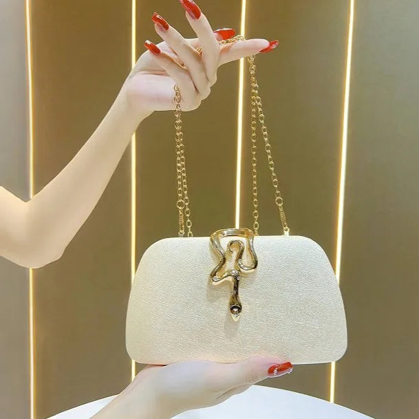 New Fashionable Ladies Snake Lock Clutch Bag Evening Party Chain Shoulder Bag Shell Shape PU Polyester Diamond Elements
