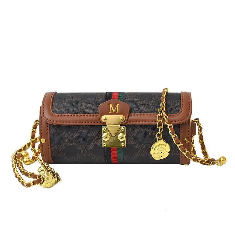 Women's Pu Leather Letter Color Block Elegant Streetwear Cylindrical Flip Cover Lock clasp Shoulder Bag