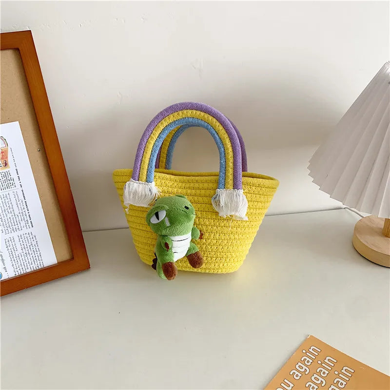 Women's Braid Cartoon Rainbow Dinosaur Cute Square Open Handbag