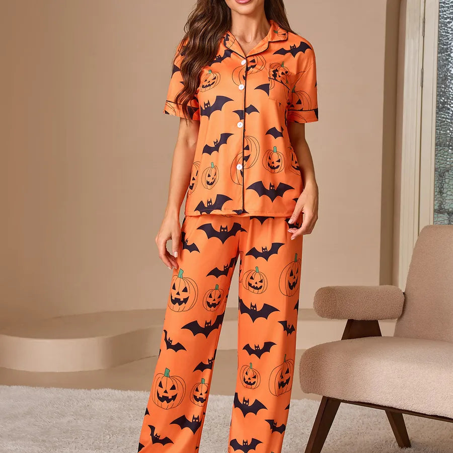 European Style Halloween Print Sleepwear Set Women's Short Sleeve Shirt And Long Pants Home Clothes Fashionable And Comfortable