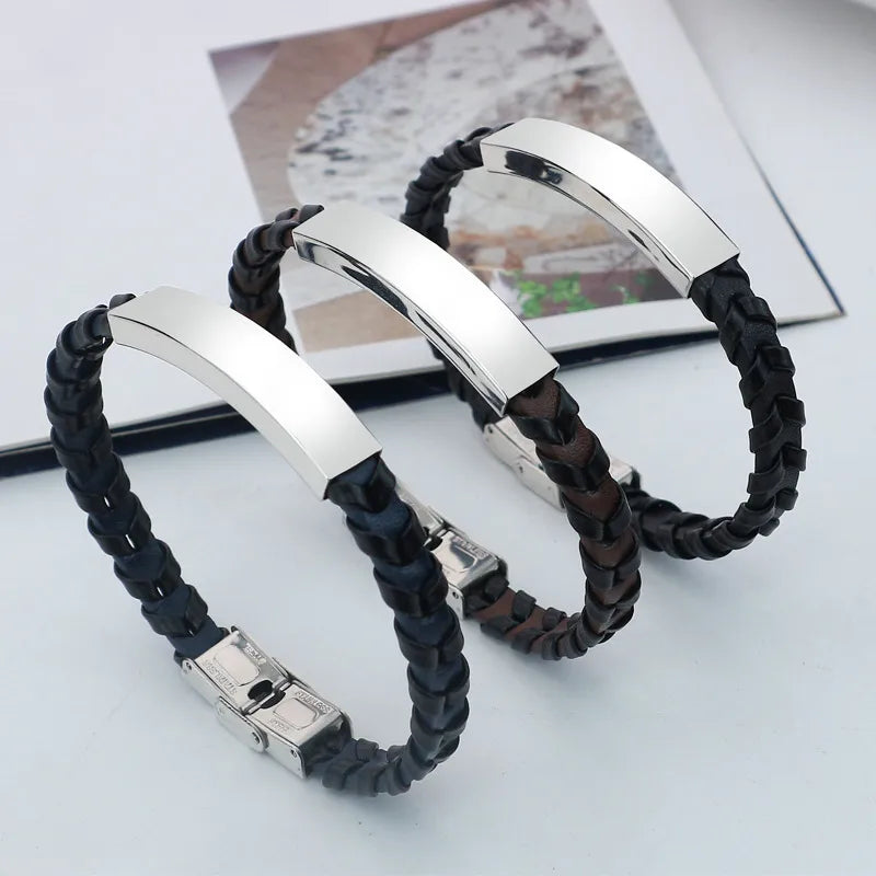 Retro Solid Color 304 Stainless Steel Pu Leather Polishing Men's Bangle Men Cord & Leather Bracelets