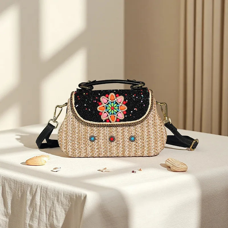 Bohemian Style Rice Bead Rattan Crossbody Bag, Lightweight, Can Hold Mobile Phone, Keys, Lipstick, Holiday Style Handbag